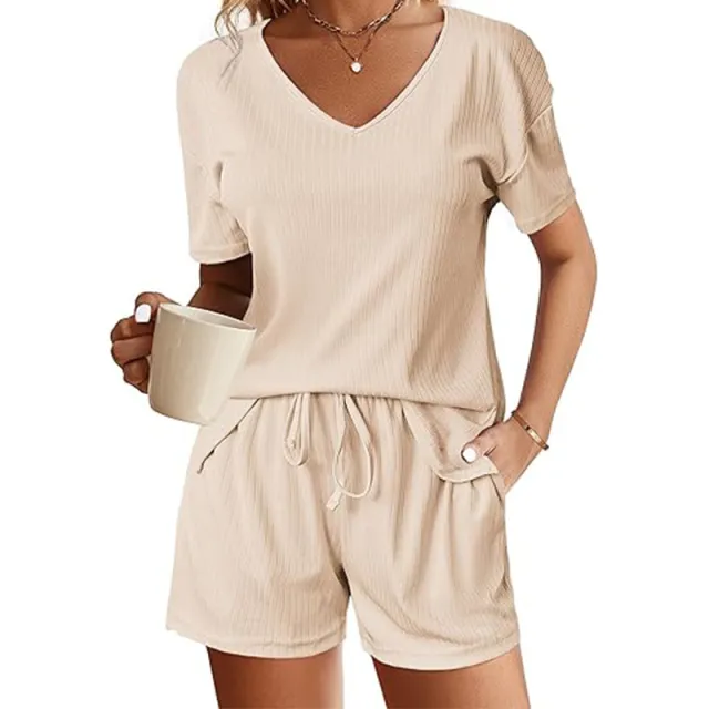 European And American Solid Color And V neck Short Sleeve Waist Drawstring Shorts Two piece Set Apricot - Shop at LoveMi