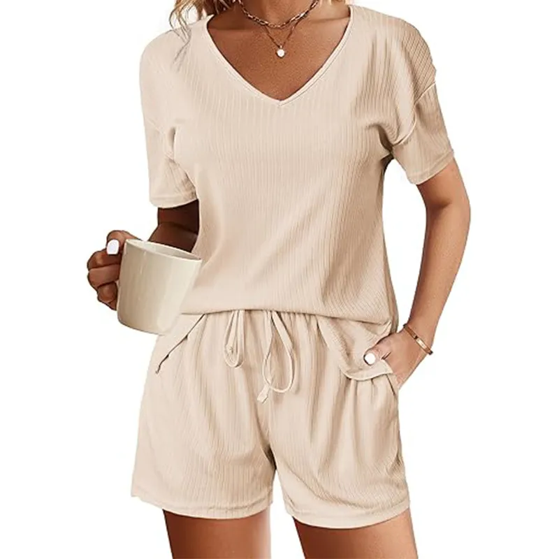 European And American Solid Colour And V-neck Short Sleeve Waist Drawstring Shorts Two-piece Set - Apricot