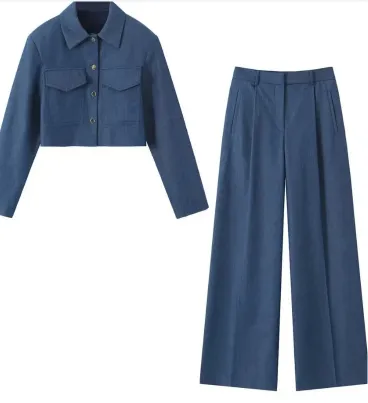 Double Pocket Cropped Coat Top High Waist Wide Leg Pants Suit - Set1