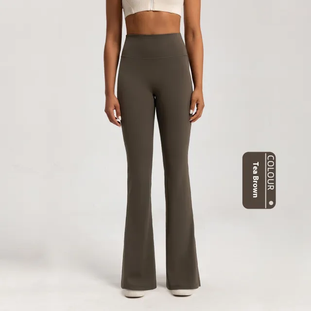 Fleece lined Bell bottom High Waist Nude Feel Wide Leg Pants Brown - Shop at LoveMi