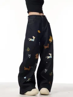 Sausage Dog Patchwork Jeans Women's Loose Casual Wide-leg Pants - Black - View 1