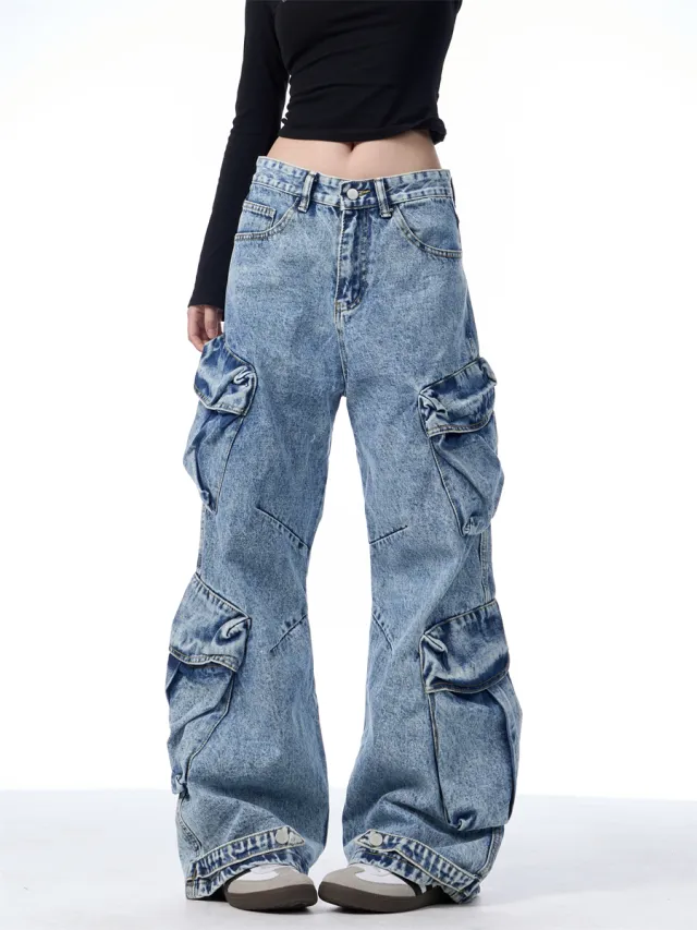 Multi Pocket Workwear Jeans Women's Loose Wide leg Pants Blue - Shop at LoveMi