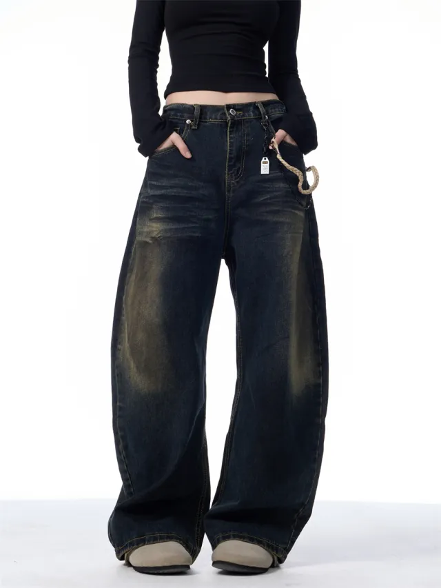 American style Retro Washed Distressed Wide leg Jeans Dark Blue - Shop at LoveMi