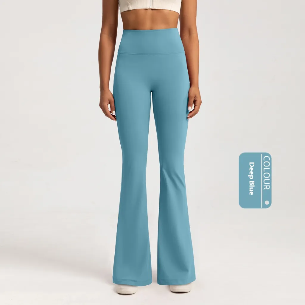 Fleece-lined Bell-bottom High Waist Nude Feel Wide Leg Pants - Blue
