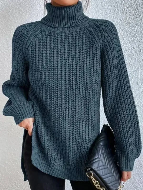 Turtleneck Pullover Sweater With Split Design Fashion Simple Solid Color Long Sleeve Tops Women's Clothing Navy - Shop at LoveMi