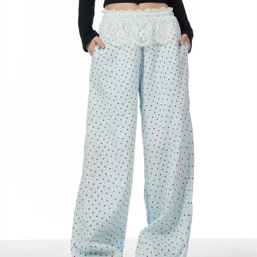 Spring American Niche Refined Handmade Lace Stitching Casual Trousers - Blue