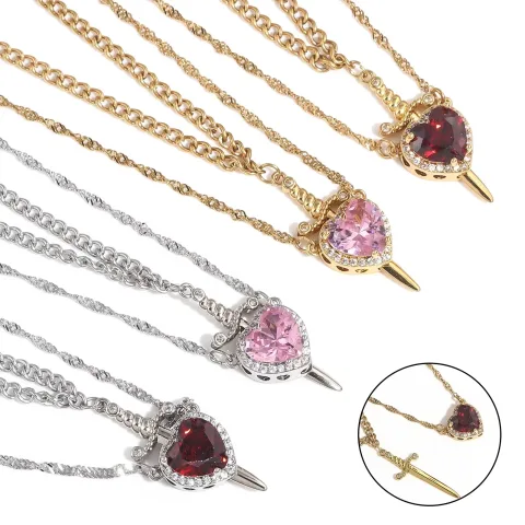 New Heart and Sword Necklace Set Gold Color Stainless