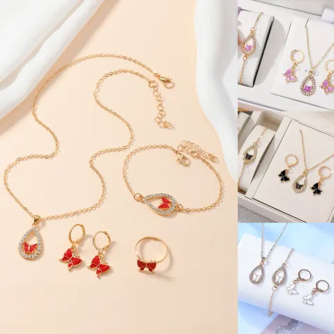 4PCS Set Luxury Women Butterfly Necklace Bracelet Earrings Drop