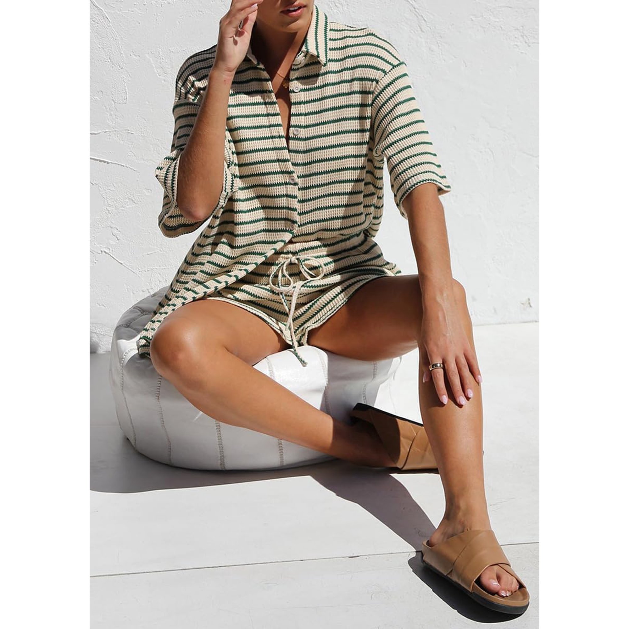 Ins European And American Ladies Summer Suit Fresh Cotton Waffle Striped Shirt Shorts