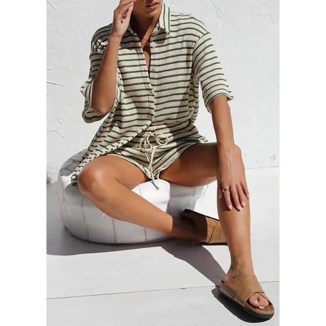 European And American Ladies Summer Suit Fresh Cotton Waffle Striped Shirt Shorts Green - Shop at LoveMi