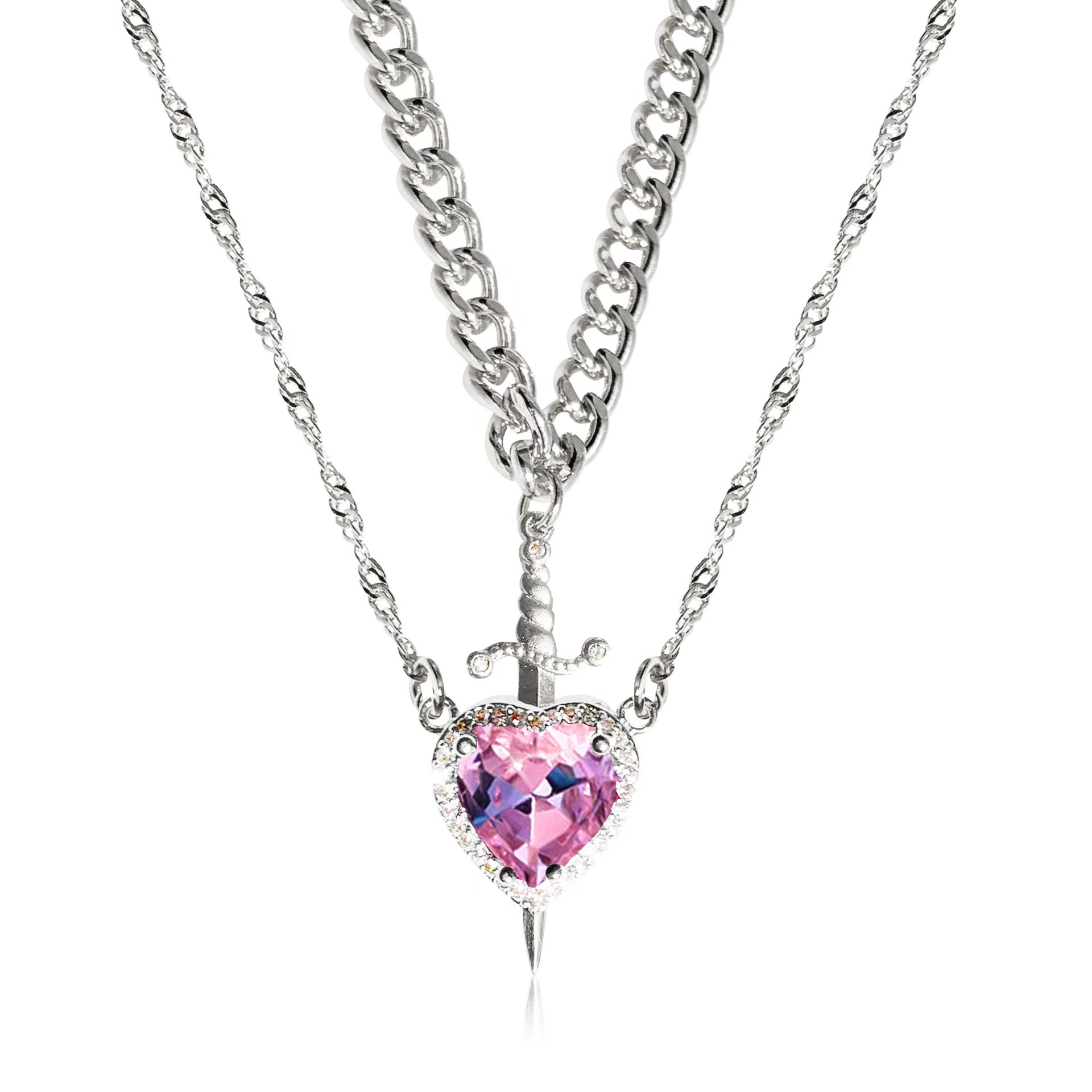 Crystal Heart and Sword Couple Necklace Set for Women and Men-image