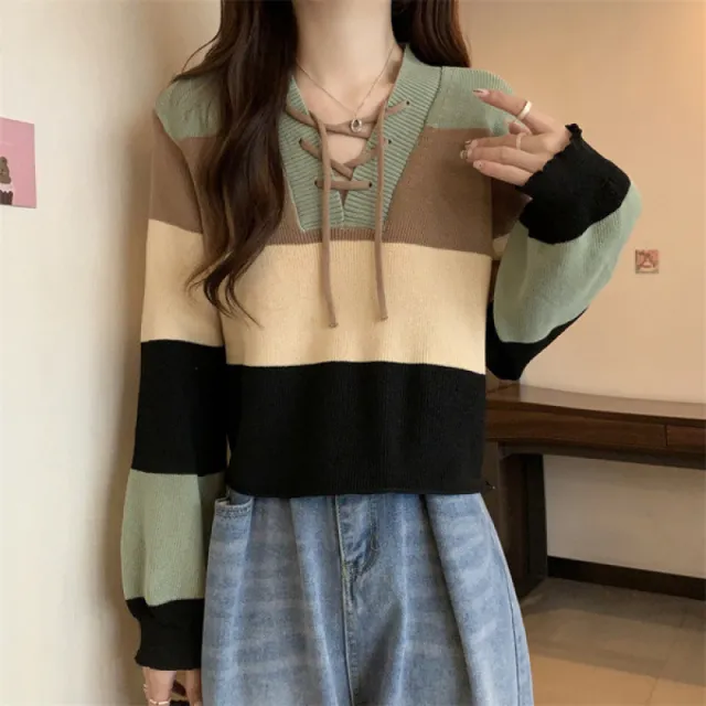 Retro Contrast Color Striped Lace up V neck Knitted Bottoming Shirt For Women Green - Shop at LoveMi