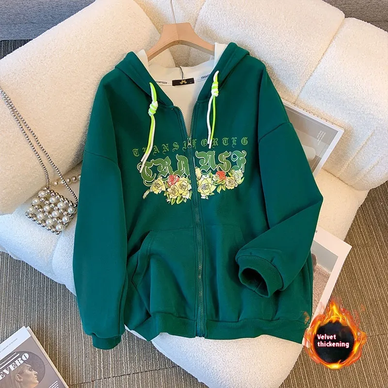 Women's Velvet Padded Thickened Sweater Warm Hooded - Green With Fleece Lining Style
