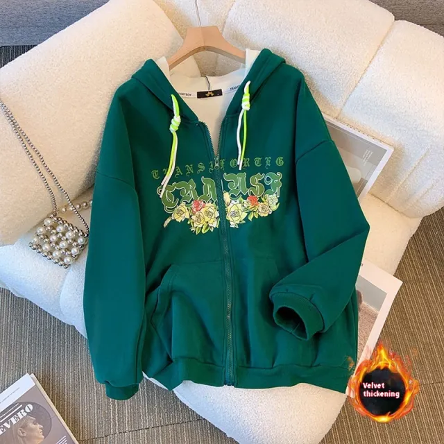 Women's Velvet Padded Thickened Sweater Warm Hooded Green With Fleece Lining Style - Shop at LoveMi