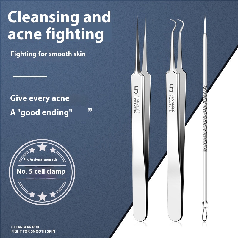 No 5 Cell Tweezer Tweezers Blackhead Acne Needle Splinter Acne Clip Three-piece Suit