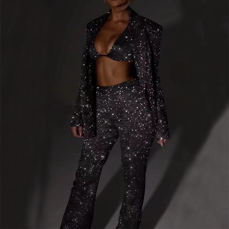 3PC Women's Suit Set | Shiny Lapel Blazer + Trousers + Bra Top | Party Outfit