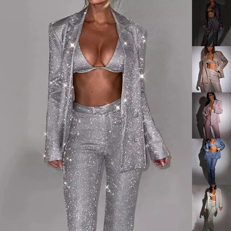 3pcs Shiny Long-sleeved Suit with Bra Lapel Blazer