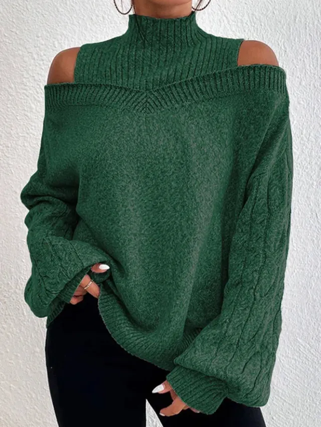 European And American Off the shoulder Sweater Women's Pullover Half Turtleneck Autumn And Winter New Lantern Sleeve Sweater Blackish Green - Shop at LoveMi
