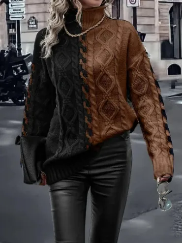 Fashion Color Contrast Black And White Splicing Knitwear Top Brown - Shop at LoveMi