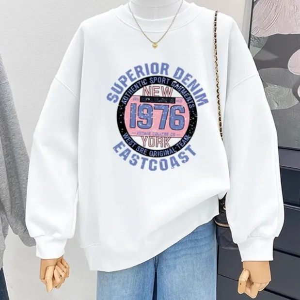 Retro Loose Round Neck Hoodie For Women White - Shop at LoveMi
