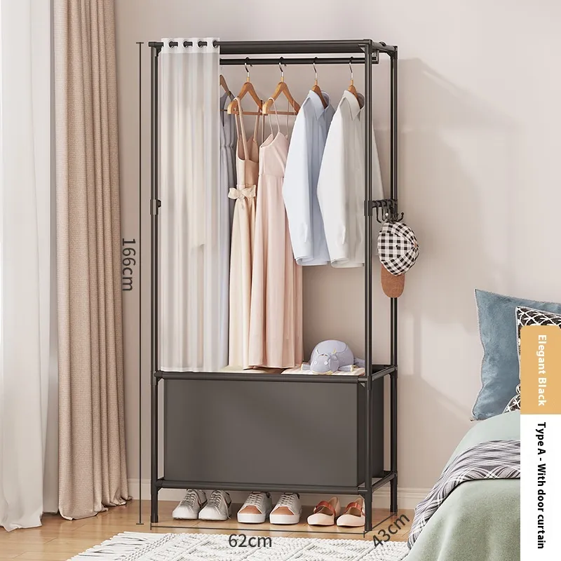 Wardrobe Home Bedroom Simple Assembly Wardrobe - Type A Black With Door Curtain