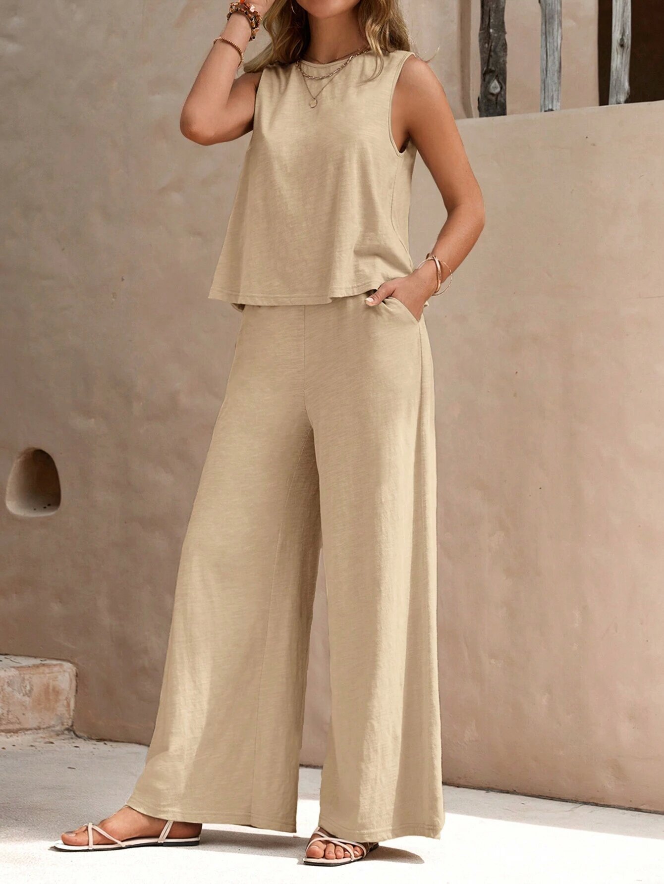 Milky White Sleeveless Top & Trouser Set