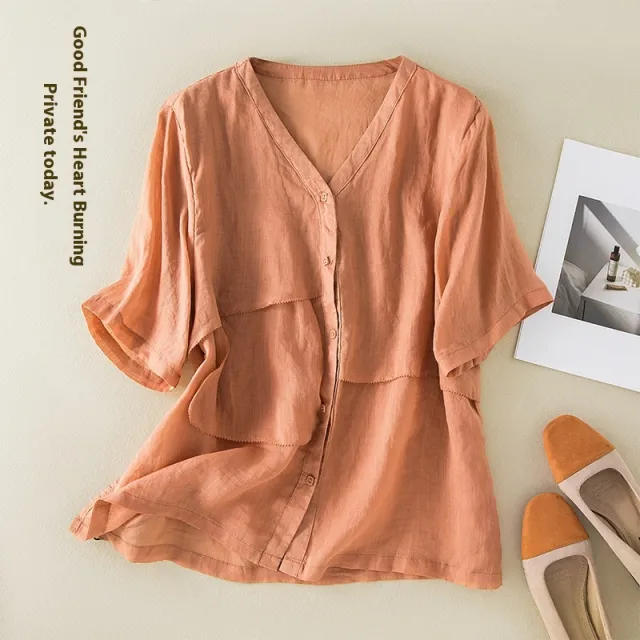 Artistic Retro Loose Slimming Cotton And Linen Top Red - Shop at LoveMi