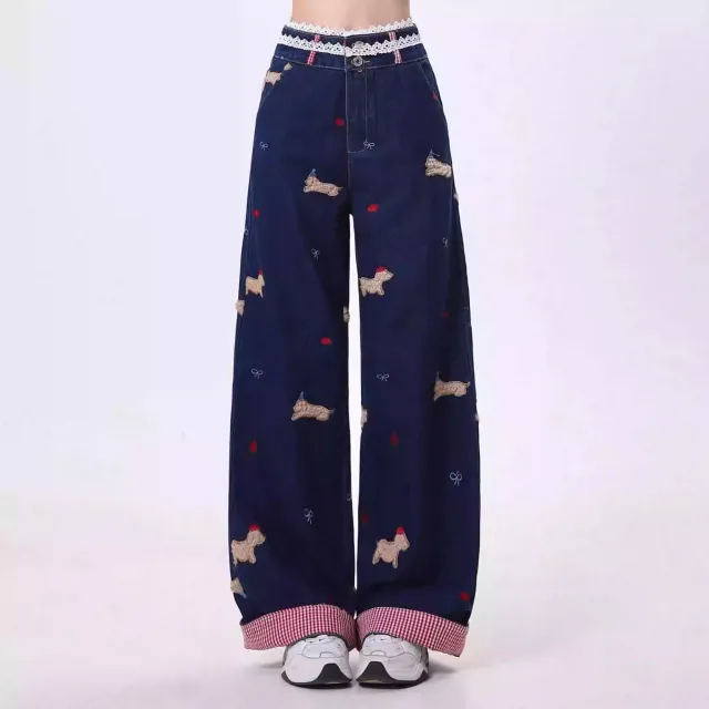 Cartoon Embroidery Straight Leisure Harajuku Lazy Wide leg Jeans Dark Blue Regular - Shop at LoveMi
