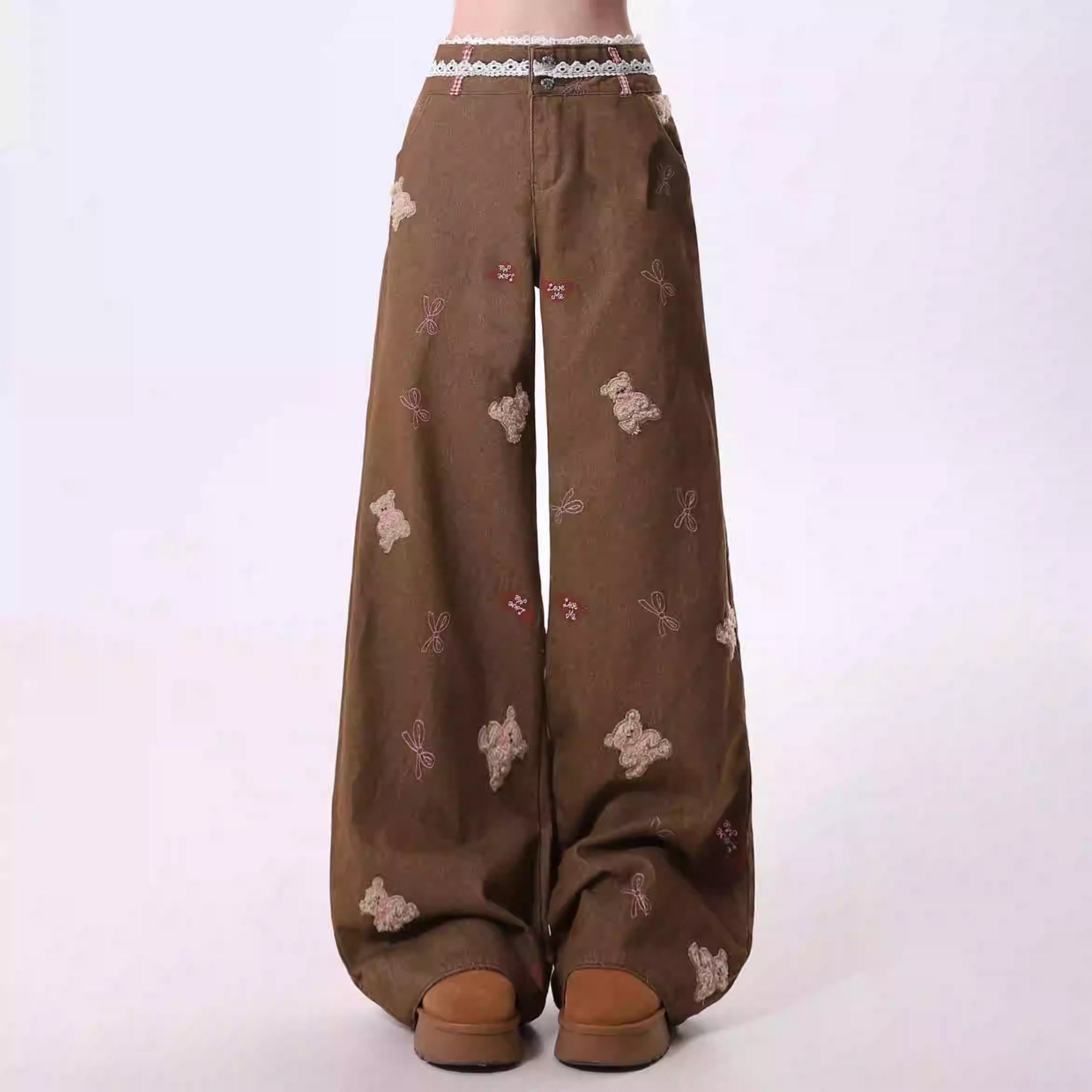 Cartoon Embroidery Straight Leisure Harajuku Lazy Wide leg Jeans Brown Regular - Shop at LoveMi