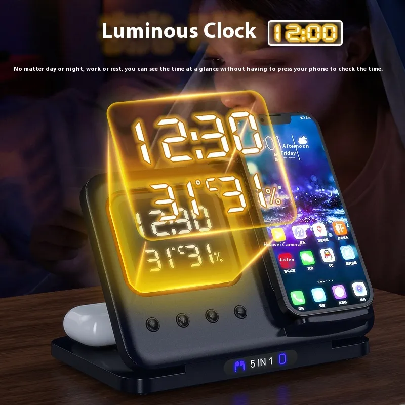 15W Wireless Chargers Stand 5 In1 LED Digital Alarm Clock Fast Charging Dock Station – image 7
