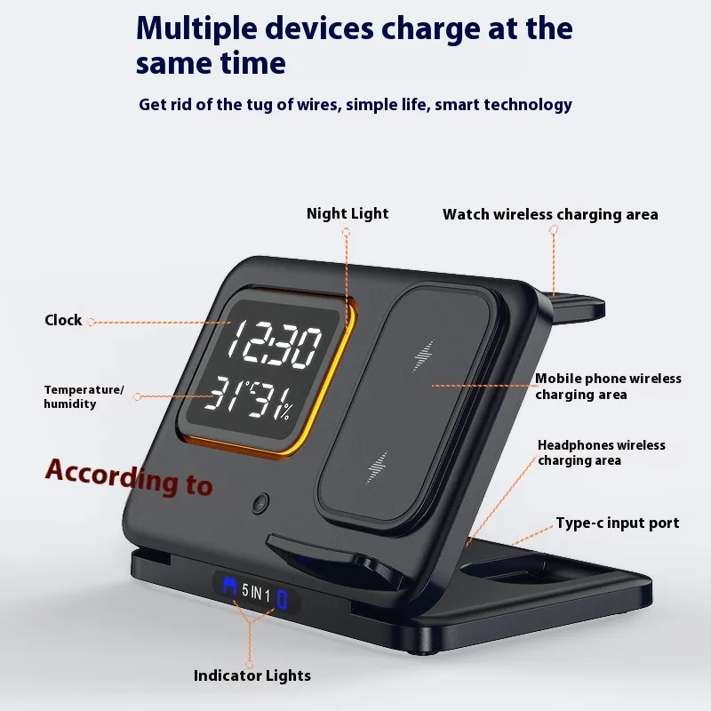 15W Wireless Chargers Stand 5 In1 LED Digital Alarm Clock Fast Charging Dock Station – image 9