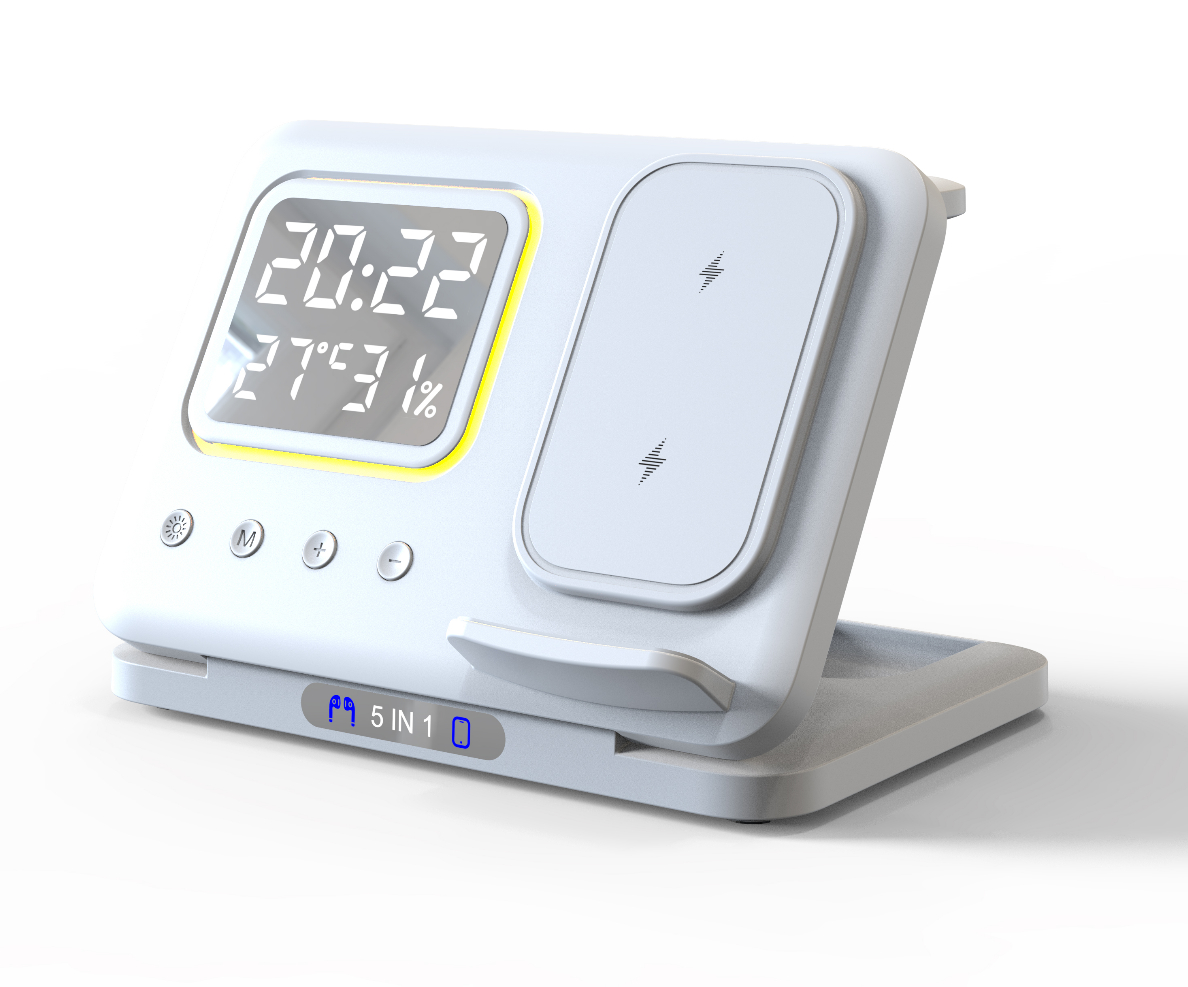 15W 5-in-1 Wireless Charger Stand - LED Alarm Clock Fast Charging Dock Station - Picture 11 of 11