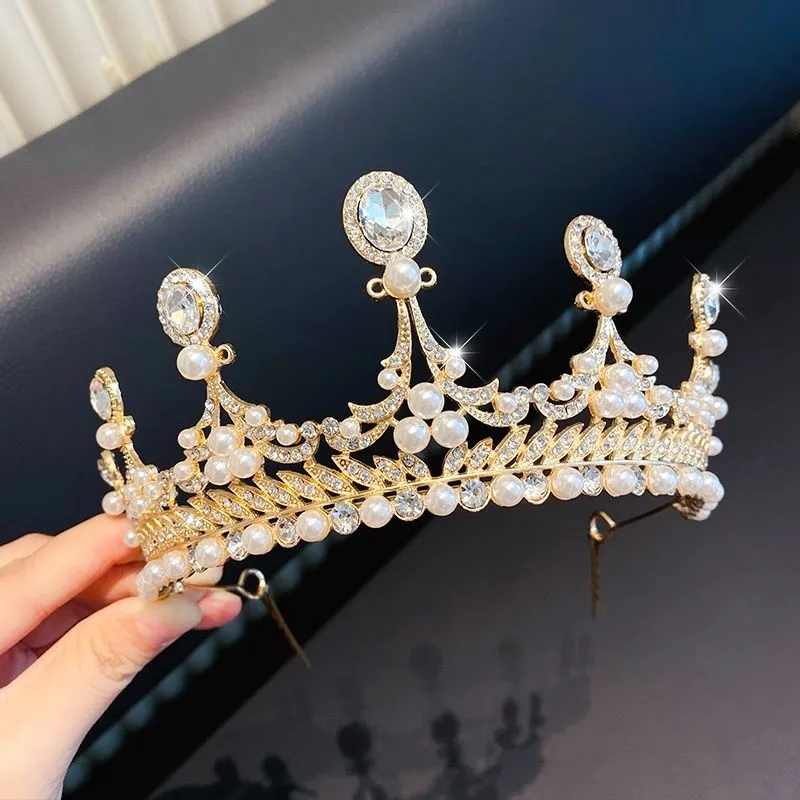 Children's Children's Crown Headdress Girls Princess Crown Hair Clip - 9Gold Diamond Pearl Crown