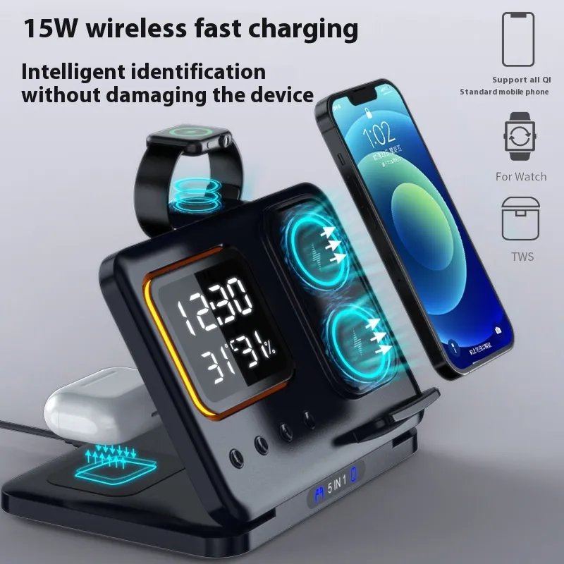 15W Wireless Chargers Stand 5 In1 LED Digital Alarm Clock Fast Charging Dock Station – image 8