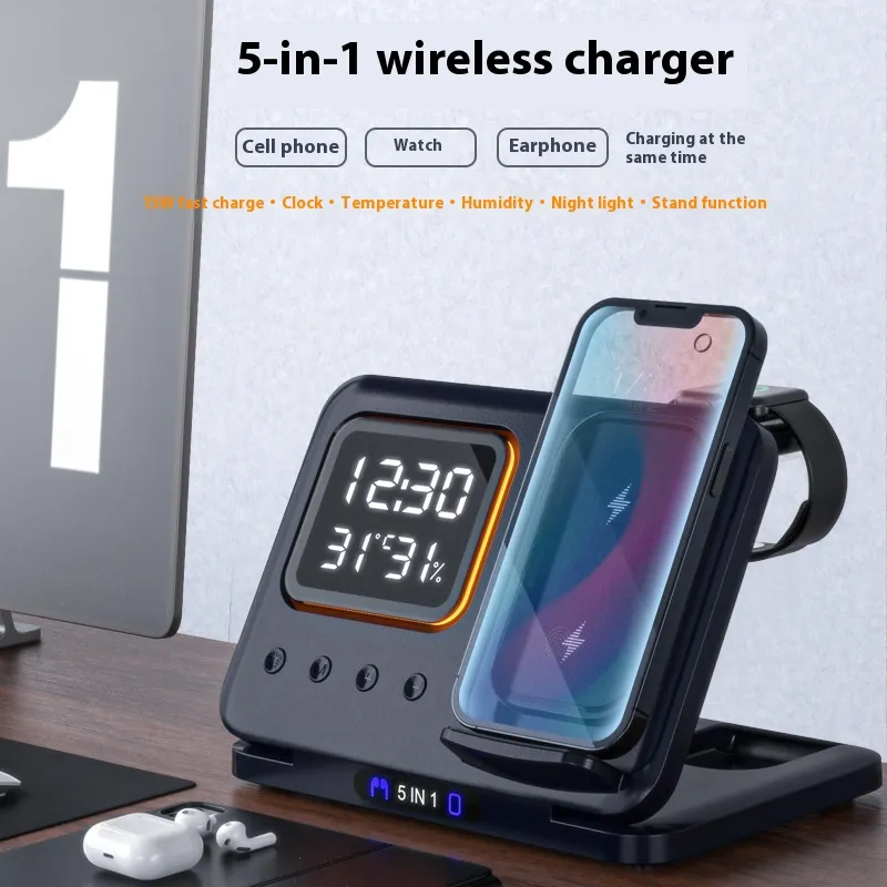 15W Wireless Chargers Stand 5 In1 LED Digital Alarm Clock Fast Charging Dock Station – image 6