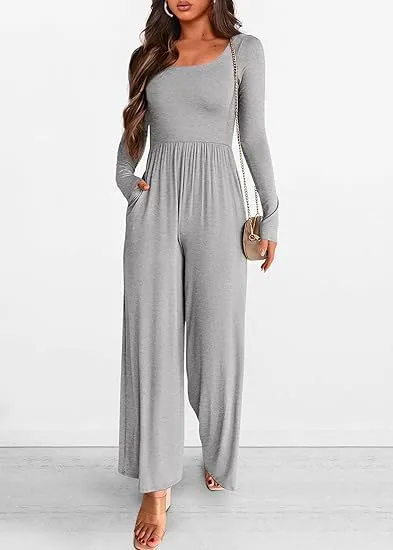 Autumn And Winter Draping Solid Color Sports Long Sleeve Jumpsuit Wide leg Pants Light Gray - Shop at LoveMi