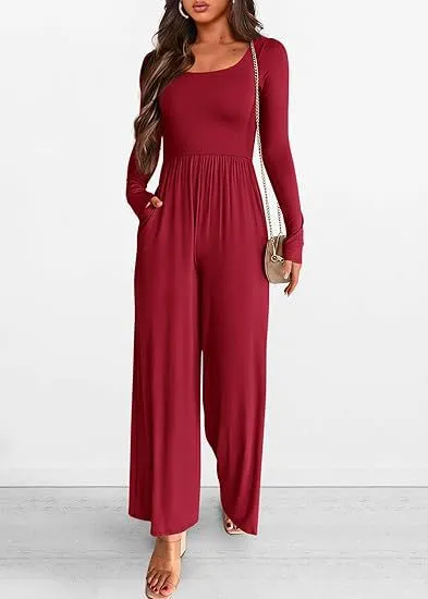 Autumn And Winter Draping Solid Color Sports Long Sleeve Jumpsuit Wide leg Pants Wine Red - Shop at LoveMi