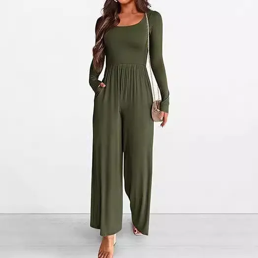 Autumn And Winter Draping Solid Color Sports Long Sleeve Jumpsuit Wide-leg Pants - Army Green