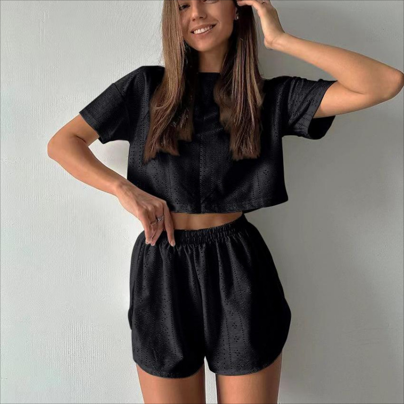 2Pcs Women’s Hollow Crop Top & Slit Shorts Set - Summer Casual Sport Outfit - Picture 9 of 16