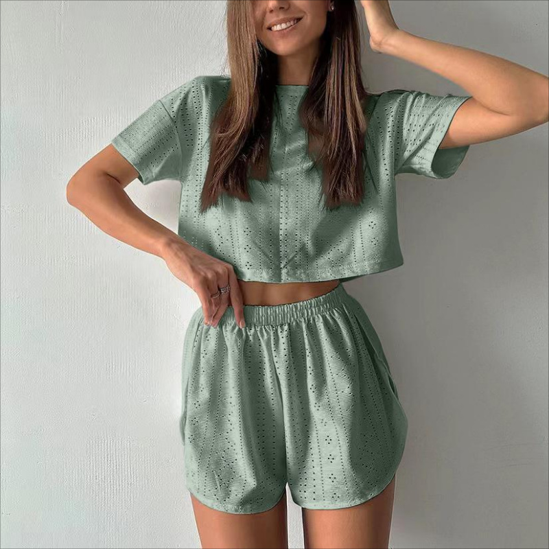 2Pcs Women’s Hollow Crop Top & Slit Shorts Set - Summer Casual Sport Outfit - Picture 11 of 16