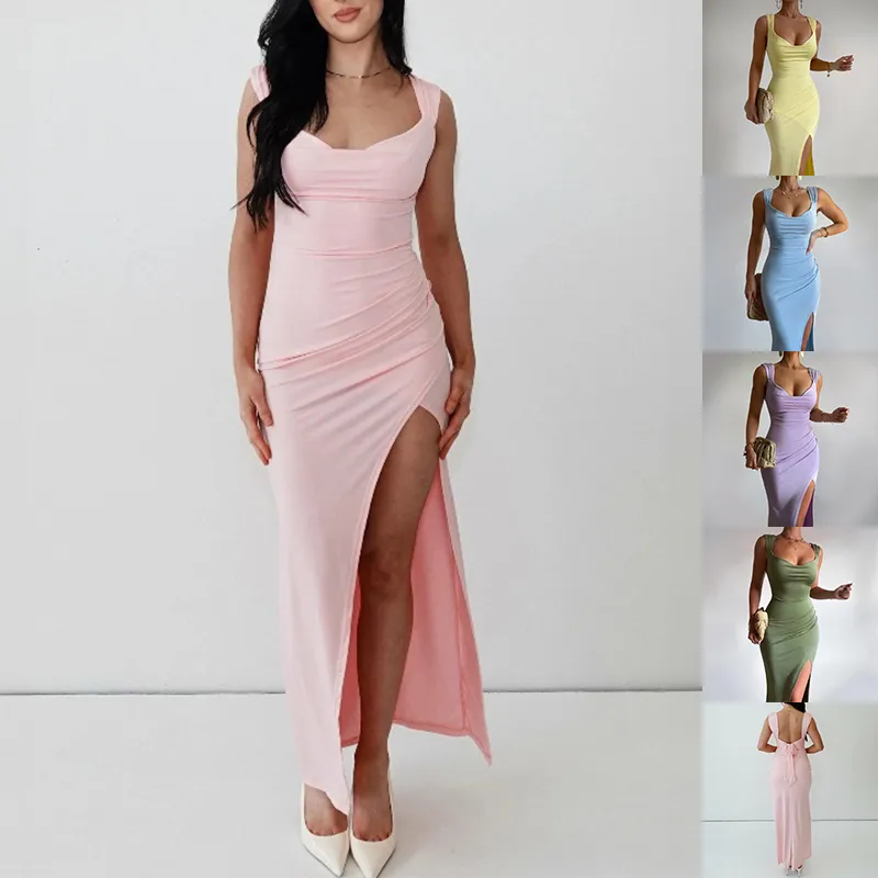 Slim Sleeveless Slit Dress with Back Tie Design Fashion