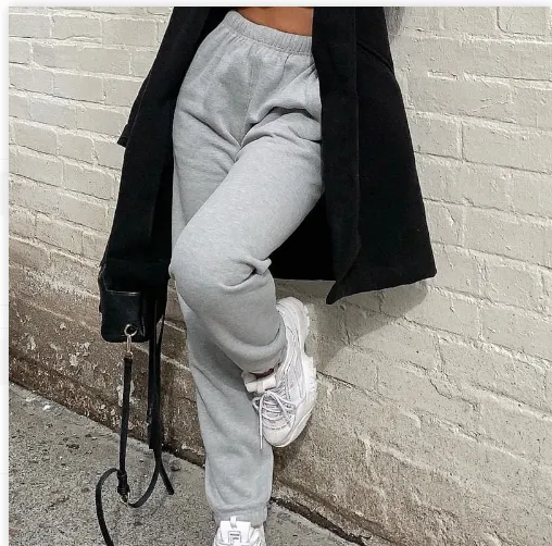 Women's Solid Color Slim fitting Casual Pants With Elastic Waistband And Letter Print Sweatpants Grey Plus Velvet - Shop at LoveMi