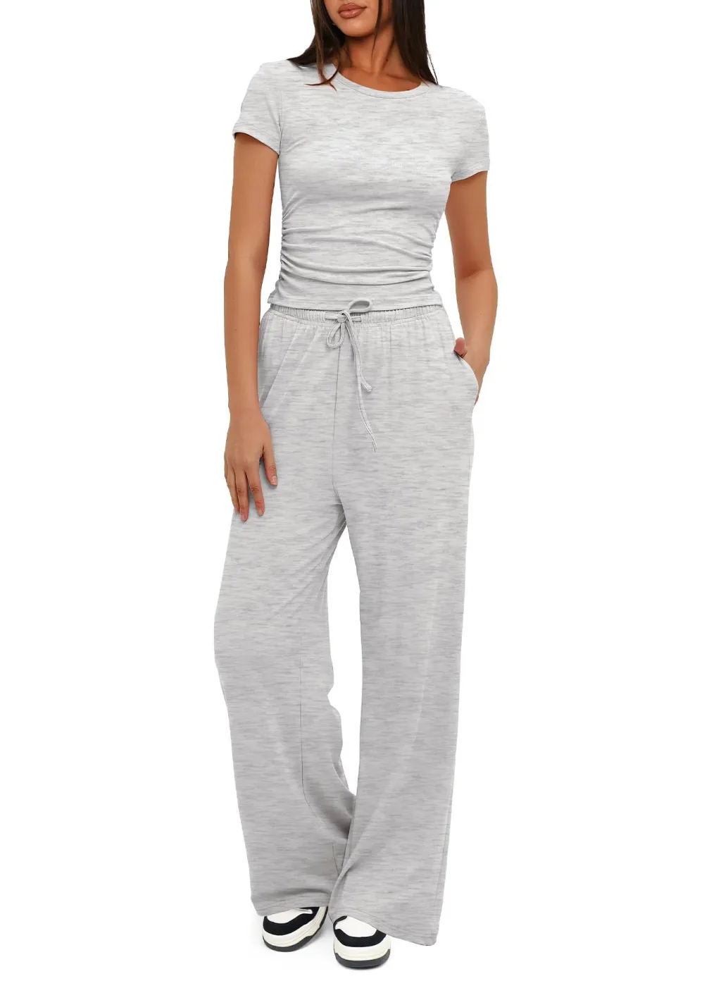 Women's Solid Color Pleated Short Sleeved Top And Wide Leg Pants - Light Grey