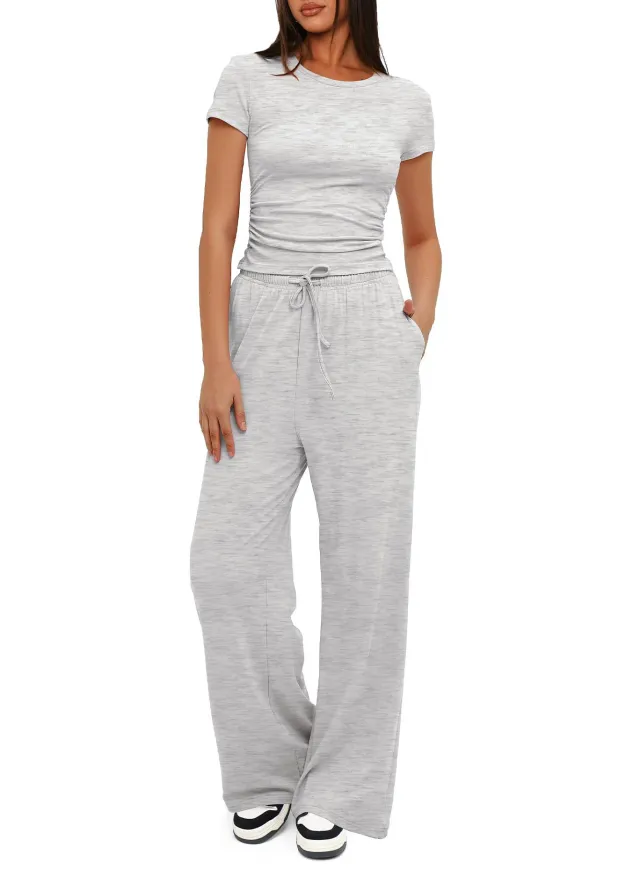 Women's Solid Color Pleated Short Sleeved Top And Wide Leg Pants Light Grey - Shop at LoveMi