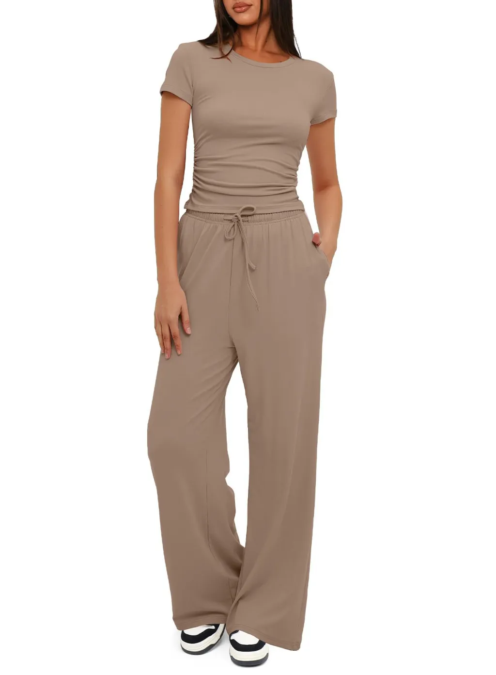 Women's Solid Color Pleated Short Sleeved Top And Wide Leg Pants - Khaki