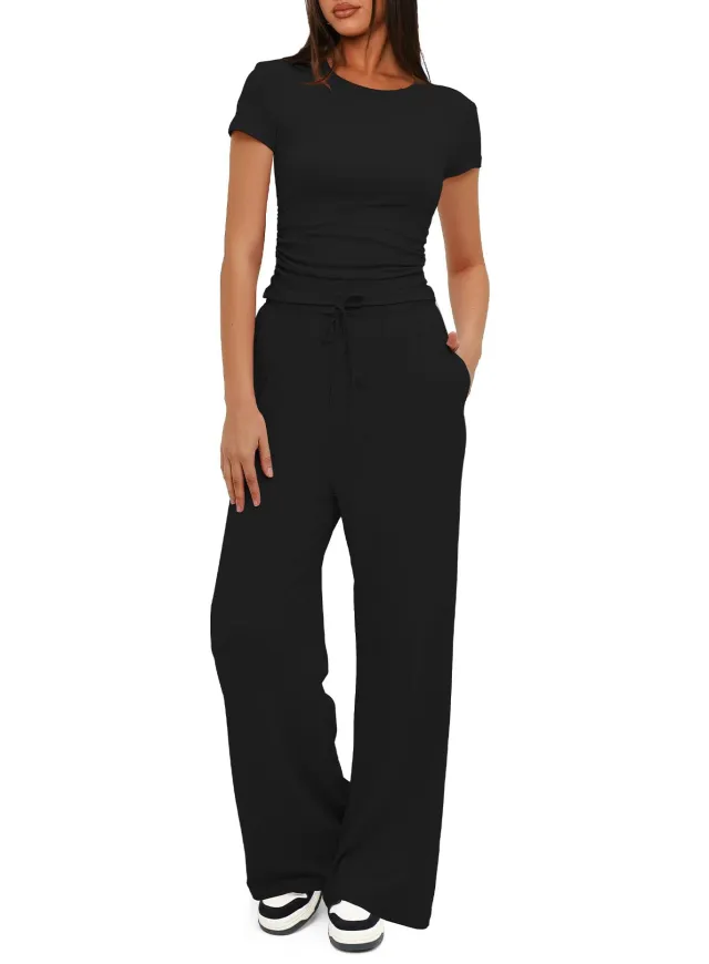 Women's Solid Color Pleated Short Sleeved Top And Wide Leg Pants Black - Shop at LoveMi