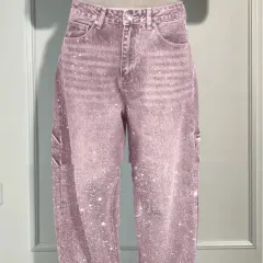 Ins Shiny Straight Jeans With Pockets Fashion Loose Wide-leg Pants For Women Street-style Trousers - Pink - View 1