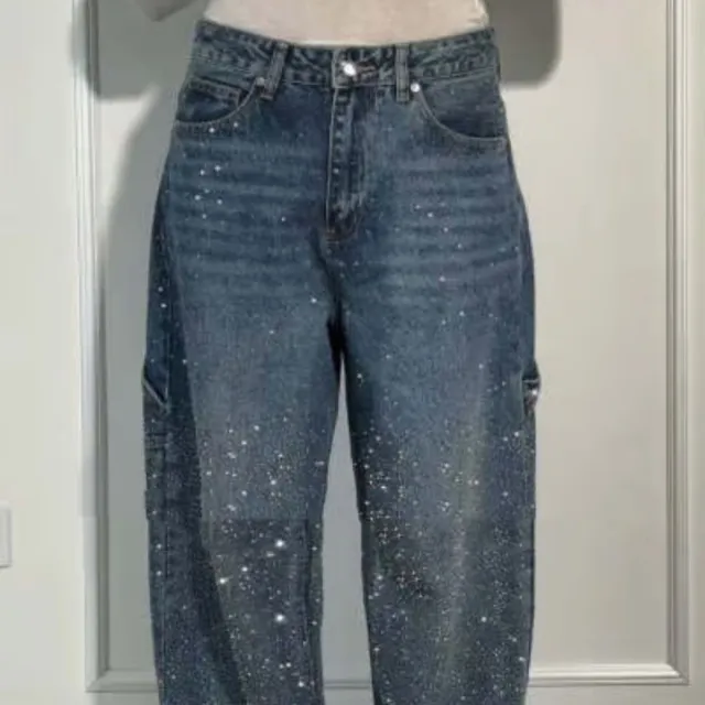 Ins Shiny Straight Jeans With Pockets Fashion Loose Wide leg Pants For Women Street style Trousers Denim Blue - Shop at LoveMi