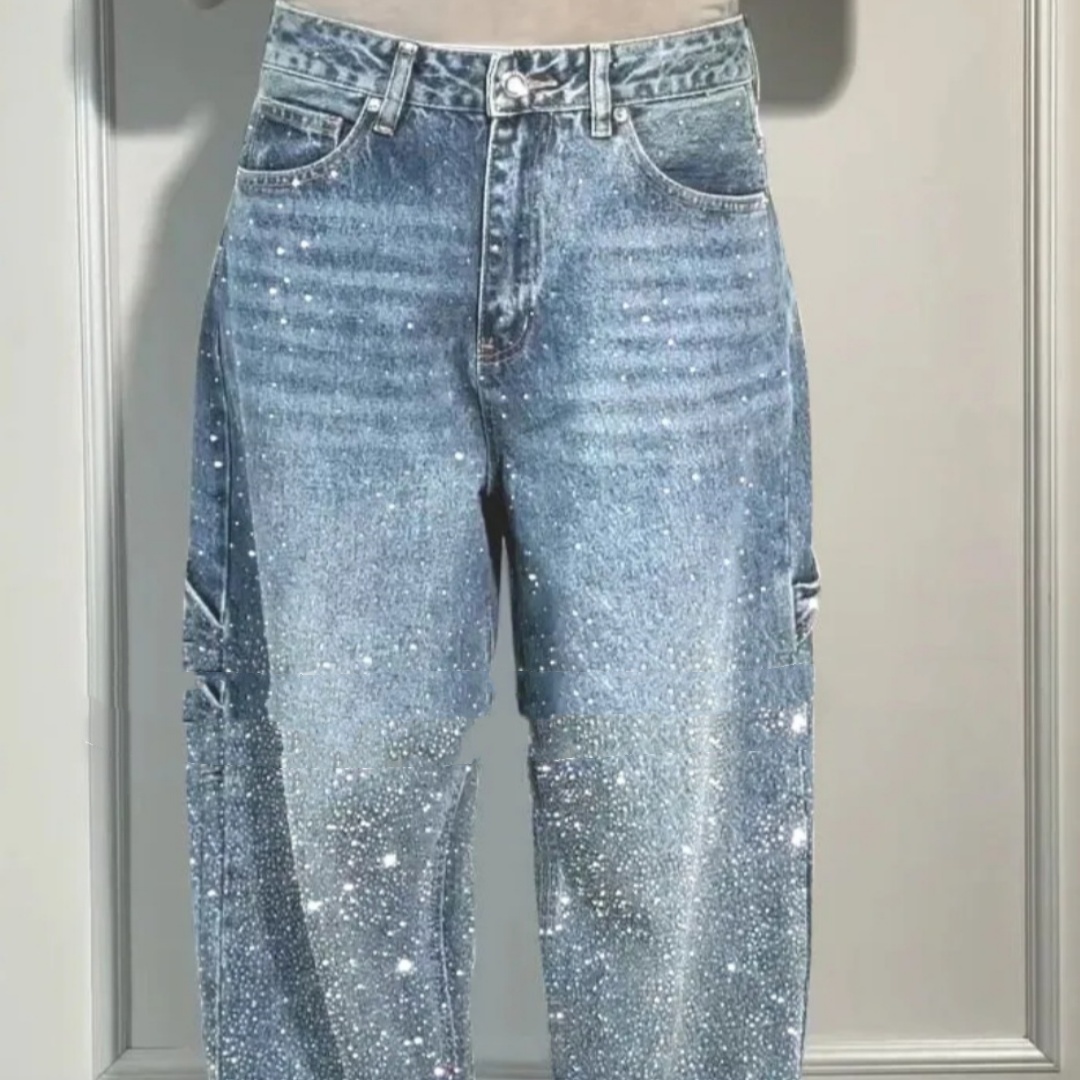 Ins Shiny Straight Jeans With Pockets Fashion Loose Wide-leg Pants For Women Str