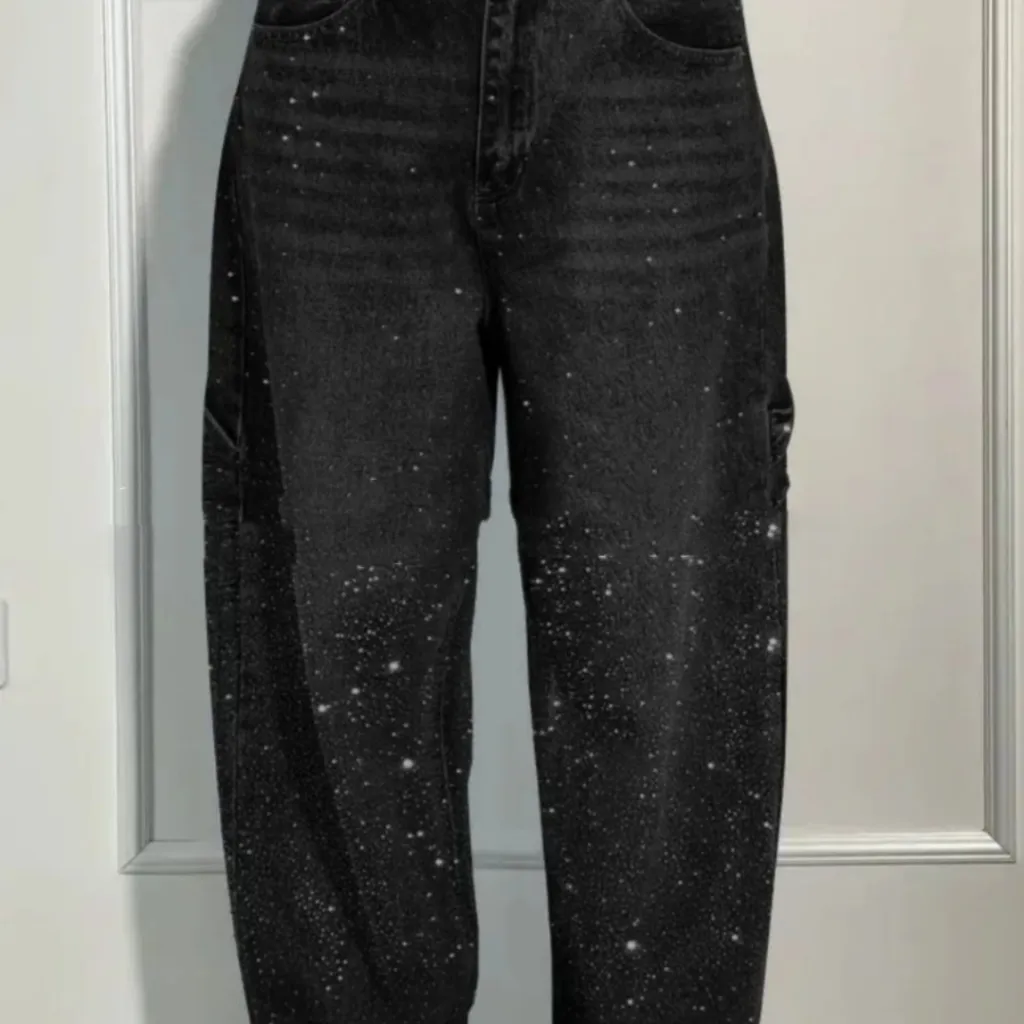 Ins Shiny Straight Jeans With Pockets Fashion Loose Wide-leg Pants For Women Street-style Trousers - Black